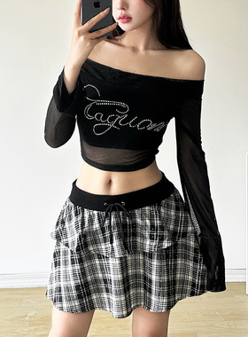 One collar bright diamond long sleeved set一字领亮钻长袖套装