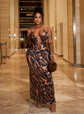 Sexy slim fit backless leopard print dress性感露背豹纹连衣裙