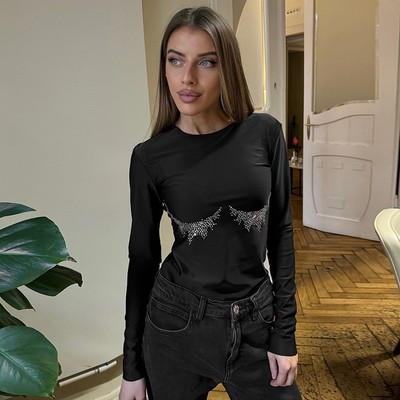 修身纯色烫钻长袖上衣女