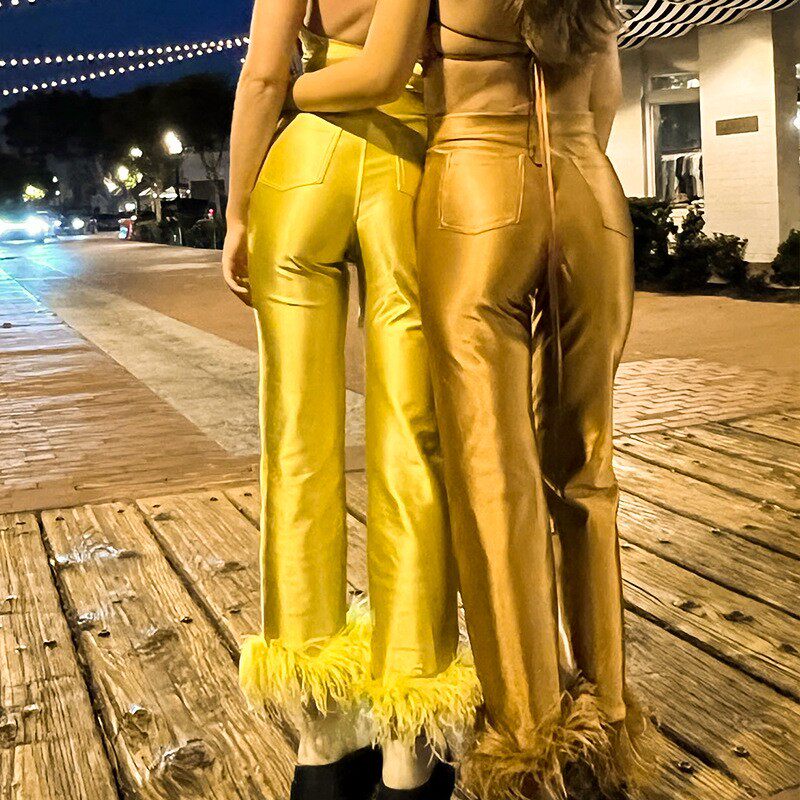 High waisted slim fit feather pants高腰修身羽毛休闲直通长裤