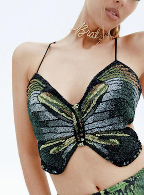 Halter Tie Print Butterfly Top Casual Women's 印花蝴蝶上衣女