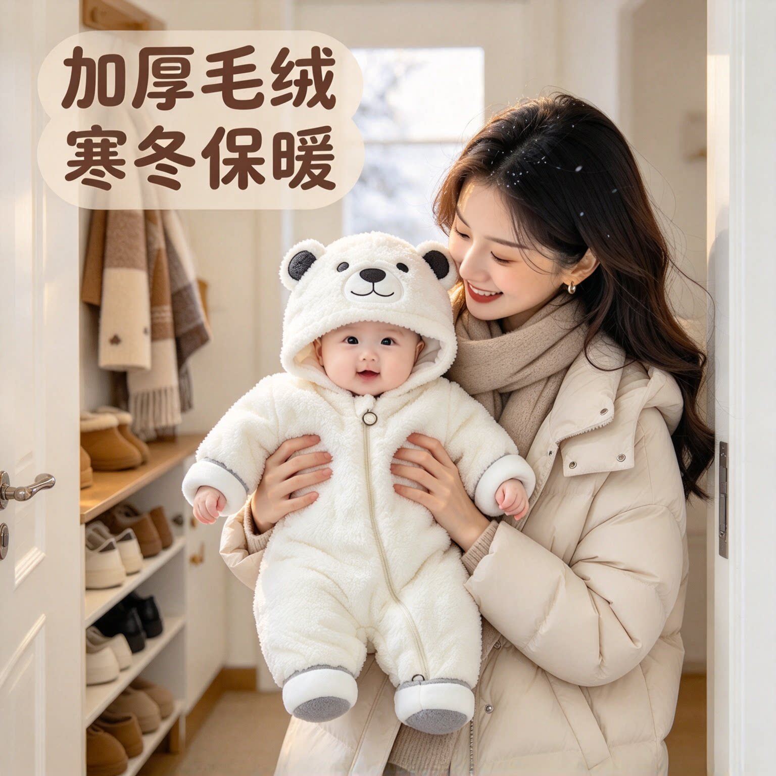 冬季婴儿外出服加绒加厚连体服哈衣新生儿小熊法兰绒休闲保暖神器