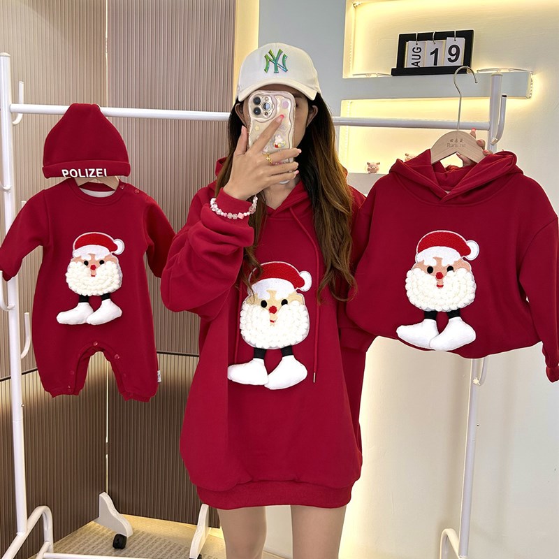 6266圣诞老人冬加厚加绒一家三口婴儿百天母子母女连帽卫衣亲子装