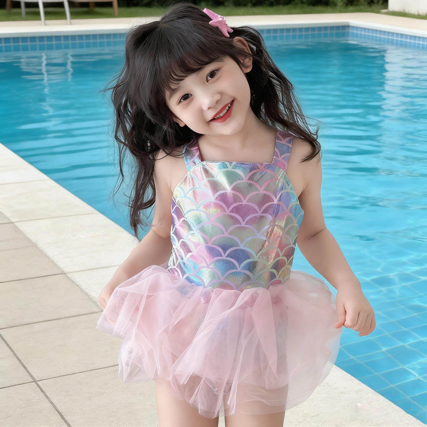 美人鱼泳衣女童小女孩夏季泳装洋气时尚连体高颜值公主风炫彩可爱