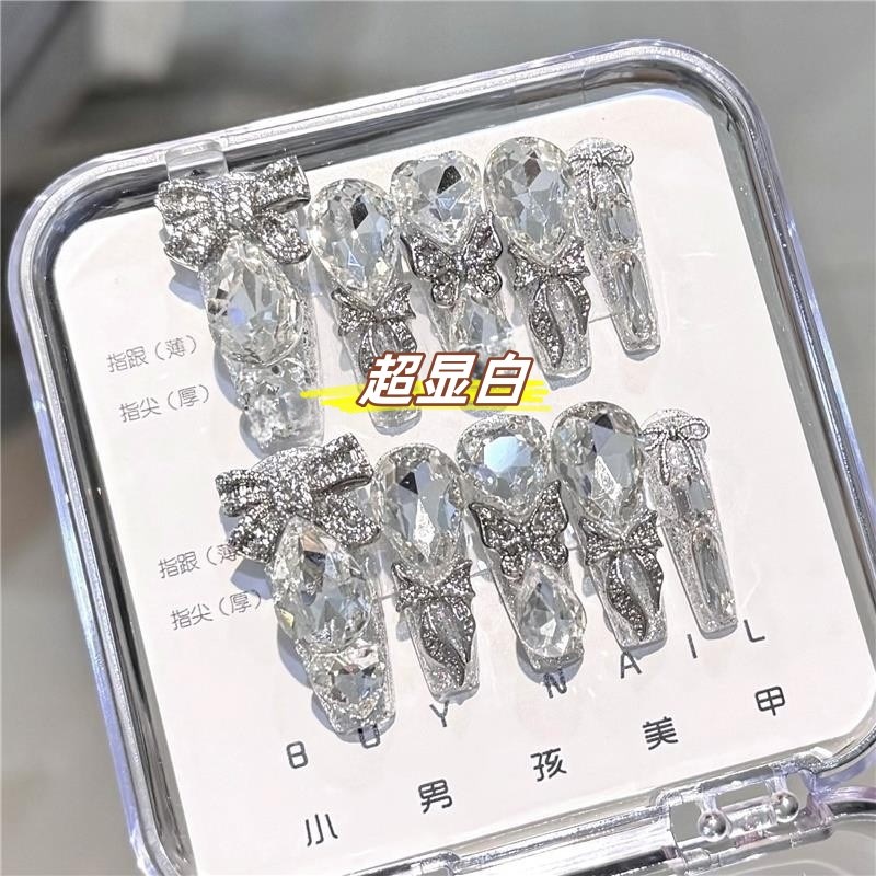 穿戴甲拍婚纱照婚礼美甲爆闪纯手工蝴蝶结新娘结婚高级婚甲可拆卸