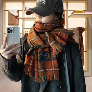 法国CINSKUKU~橘红色格子羊绒围巾女新款冬季复古格纹围脖披肩潮