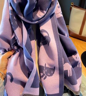 Miss Silas双面小猫图案秋冬季羊绒围巾女式韩版百搭加厚保暖披肩