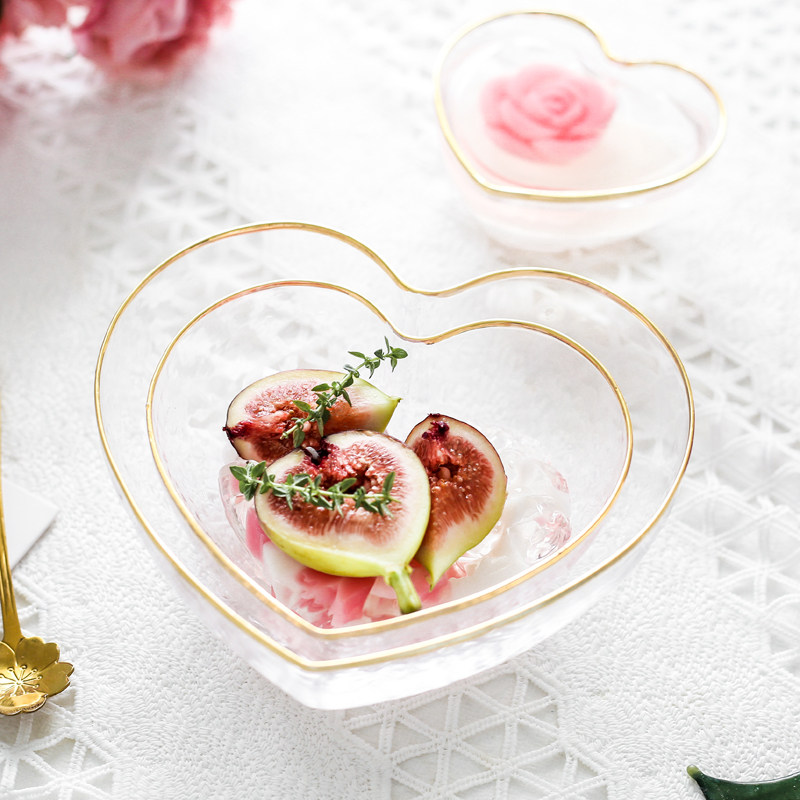 心形玻璃碗爱心可爱水果沙拉碗ins北欧金边轻奢早餐杯燕窝甜品碗
