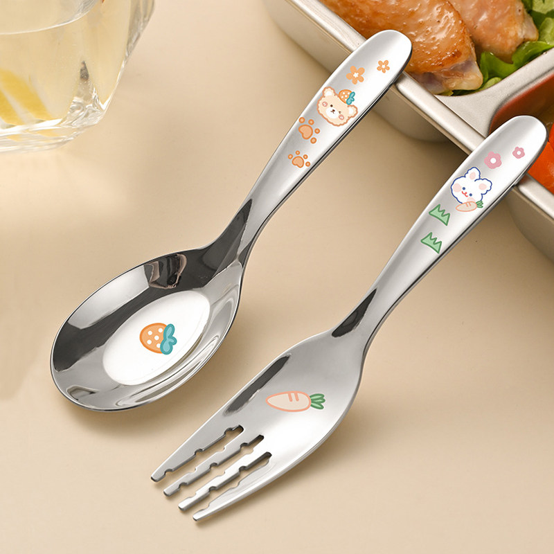 可爱304不锈钢勺子创意儿童叉勺家用宝宝吃饭勺叉子短柄汤勺汤匙
