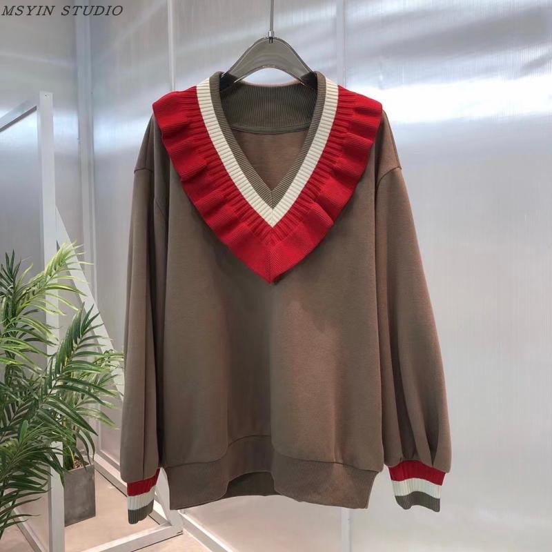欧货V领长袖卫衣女2021新款秋拼色荷叶边娃娃领韩版宽松休闲上衣