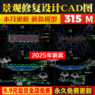 湿地公园生态修复景观规划设计溢水堰景墙木栈道CAD施工图静思园