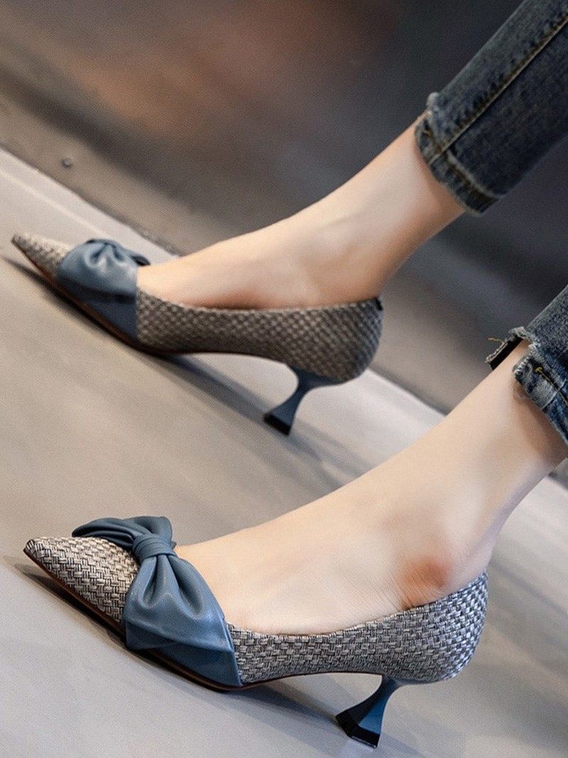 家!小跟3cm编织单鞋女夏款蝴蝶结尖头拼色浅口低跟高跟鞋