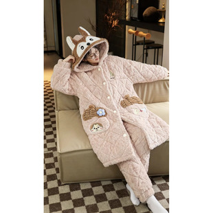玉兔绒萌趣松鼠连帽加棉睡衣套装 三层夹棉厚服没备注默认链接款
