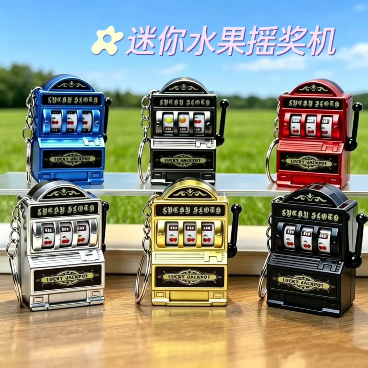 新潮迷你水果摇奖机钥匙扣解压玩具创意礼物复古老虎机挂件批发