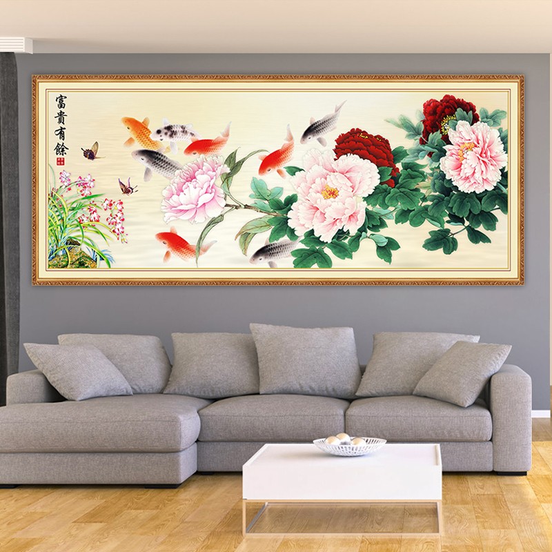 新中式九鱼图客厅装饰画贴纸画大气发财沙发背景打印花开富贵贴画图片