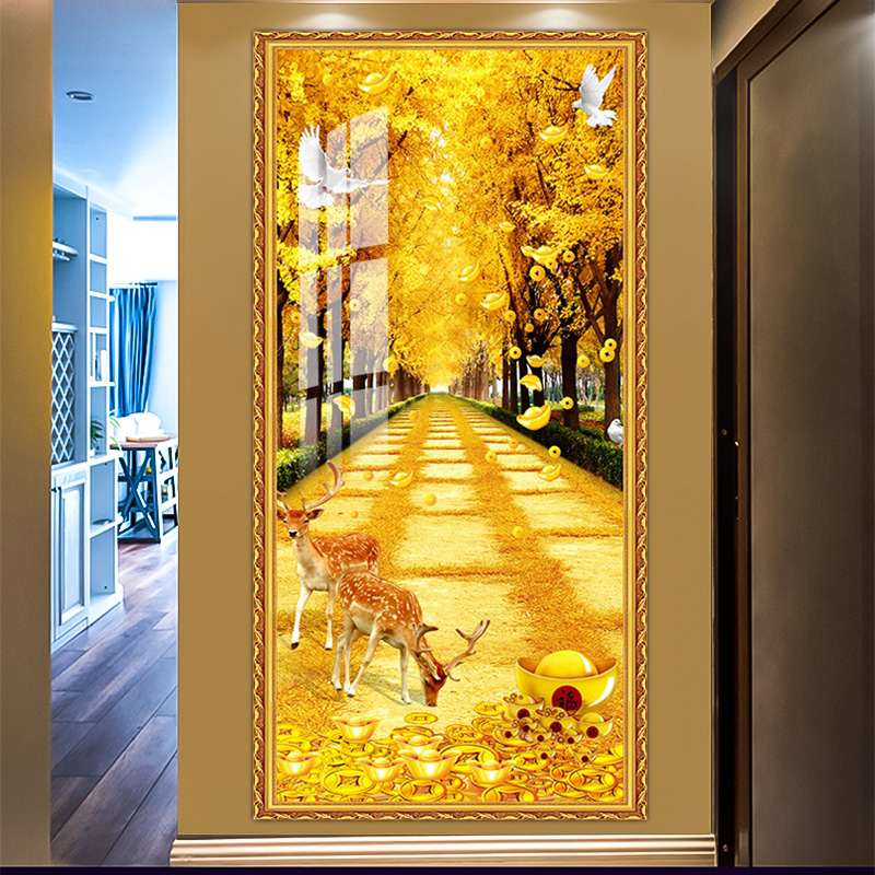 进门麋鹿自粘墙画入户玄关竖版装饰画摇钱发财树走廊过道壁画贴画图片