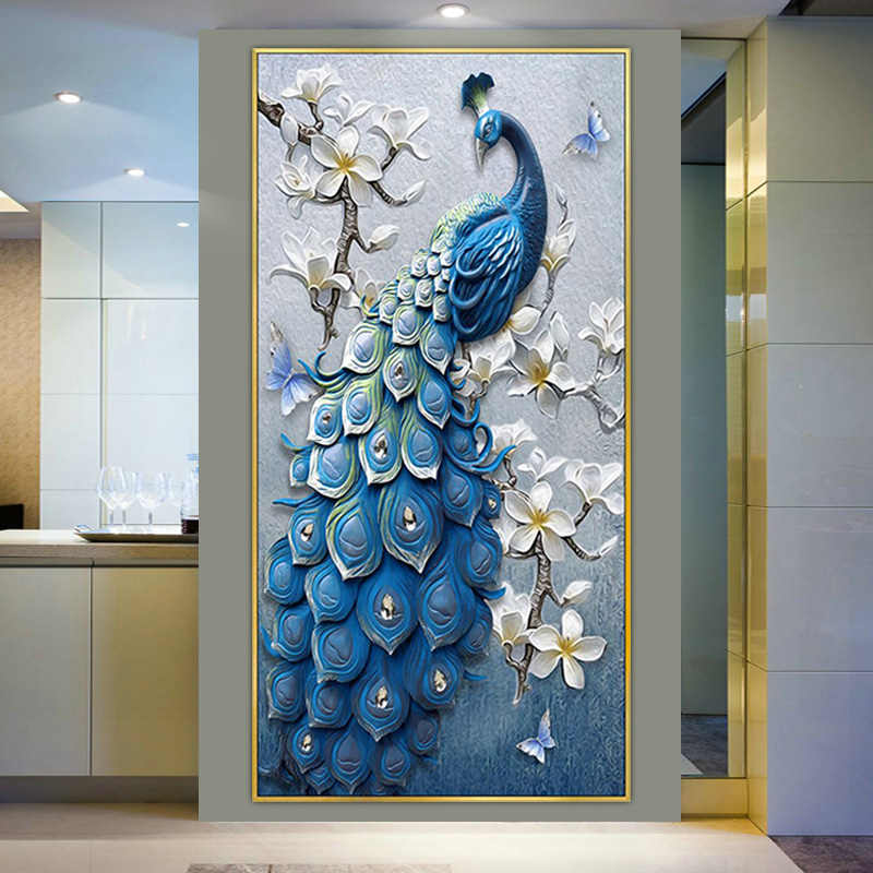 孔雀新中式玄关装饰画正对门走廊尽头寓意好客厅墙贴画入户壁纸画图片
