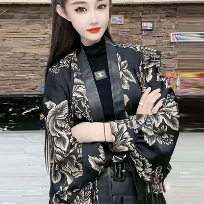 新中式国风外套女款春秋2025新款时尚洋气宽松印花开衫蝙蝠袖上衣