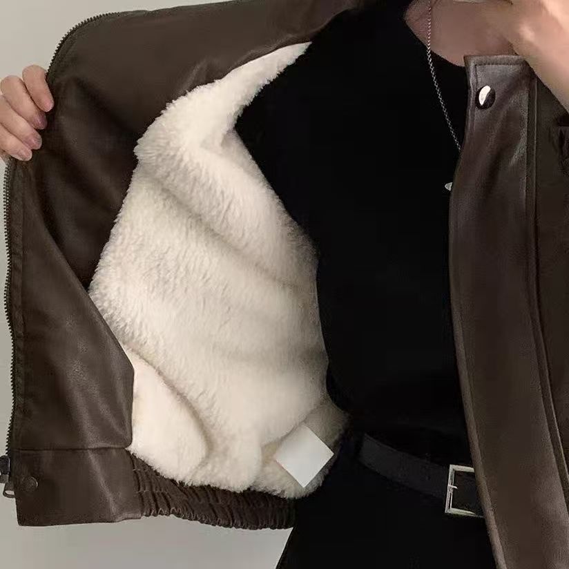 秋冬韩版加绒皮衣外套女pu皮宽松