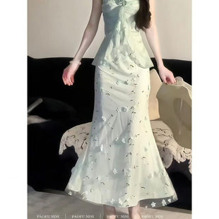 新款 2025夏季 海边渡假雪纺绿色连衣裙女漂亮立体碎花吊带长裙潮