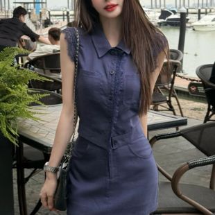 套装 蕾丝拼接polo领无袖 时尚 亚麻衬衫 辣妹包臀半身裙两件套 女夏季