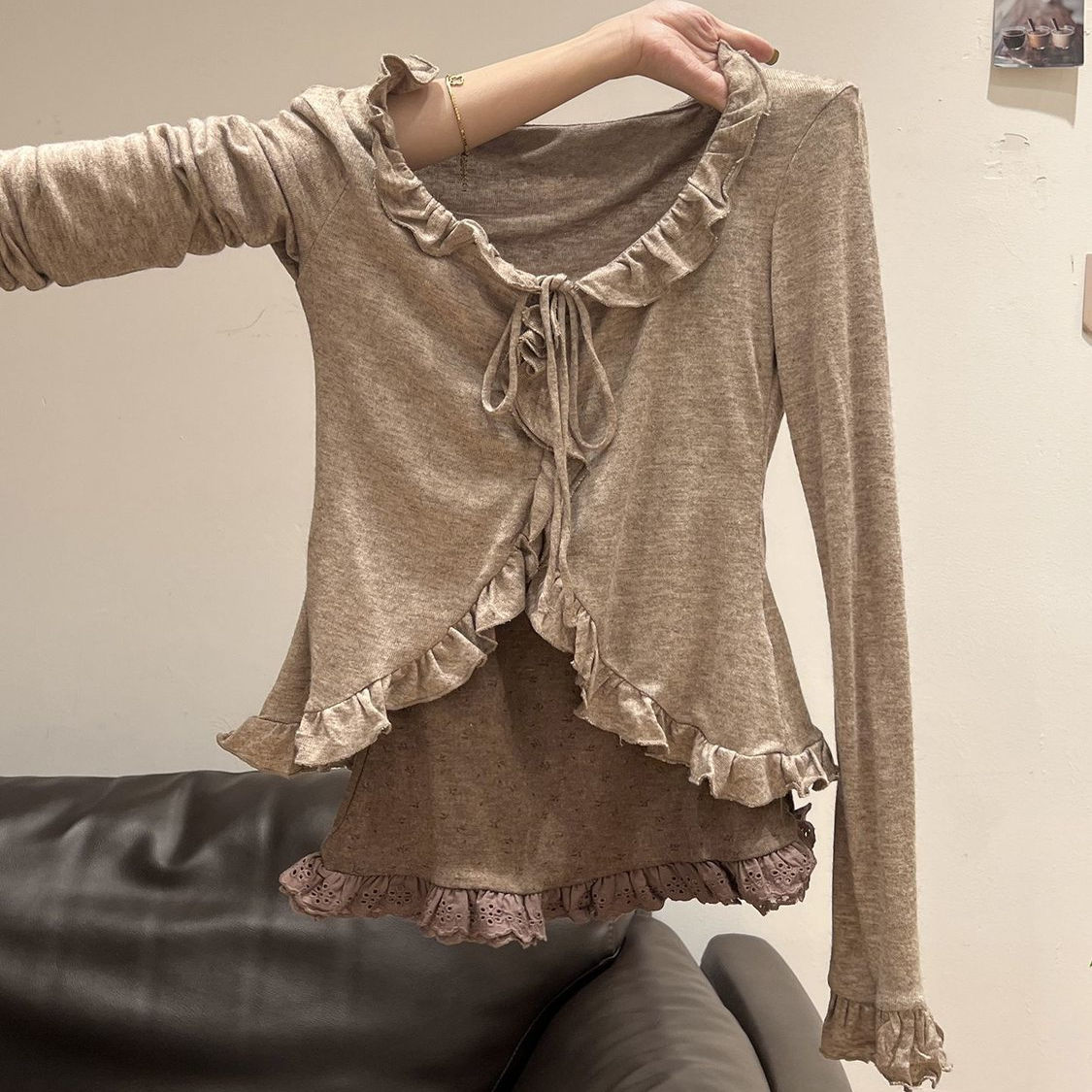 U领系带吊带女木耳边长袖T恤早秋