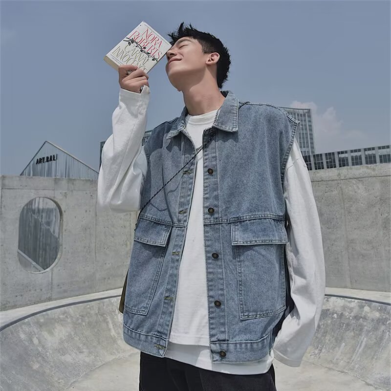 日系cityboy牛仔马甲男ins潮牌宽松落肩无袖背心水洗复古百搭外套