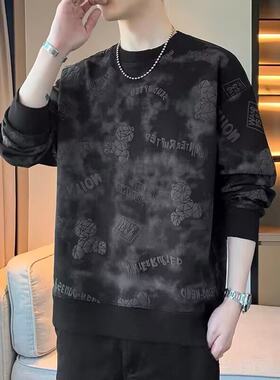 日系设计感提花长袖卫衣男士春秋季潮牌宽松圆领上衣黑色耐脏耐磨