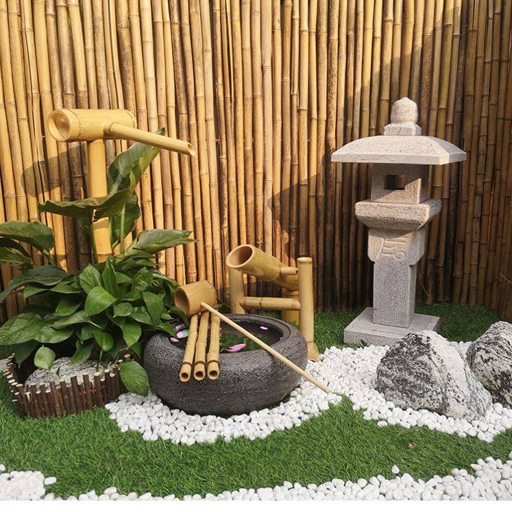日式庭院石钵流水水景石灯笼枯山水惊鹿竹子户外花园阳台禅意水钵