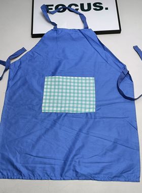满20元包邮蓝色格子梅花鹿挂脖围裙工作服罩衣z