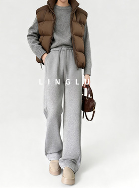 【冬暖王炸】灰色高腰运动裤加长宽松阔腿卫裤休闲加厚羊羔绒裤子