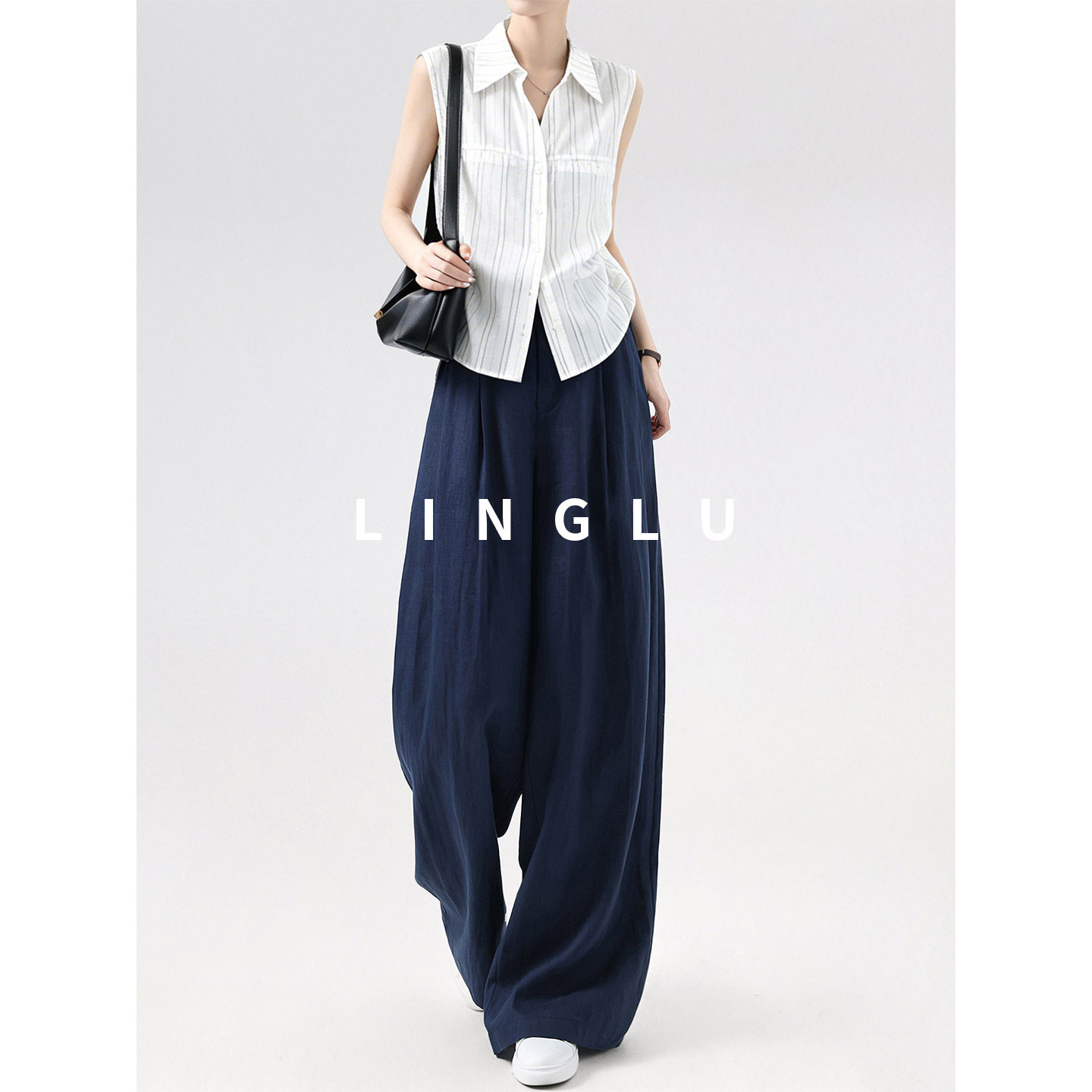 LINGLU高个子【清爽夏日】藏青色西装裤女夏薄款100%纯亚麻阔腿裤