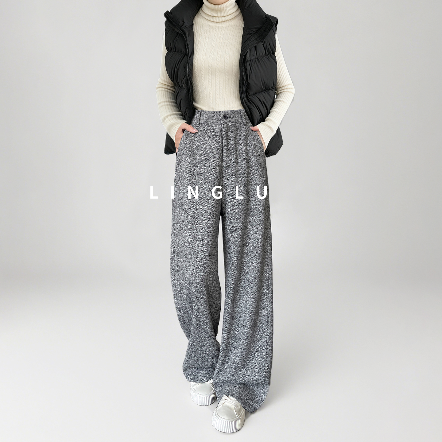 粗花呢灰色直筒西装裤女冬季