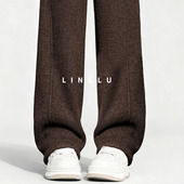 女冬季 加绒加厚运动裤 咖色直筒裤 弯刀阔腿裤 子羊羔绒外穿防风棉裤