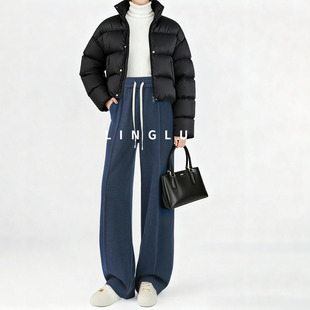 运动直筒裤 加长蓝灰色阔腿裤 高腰垂感卫裤 糯米裤 子 女春秋休闲大码