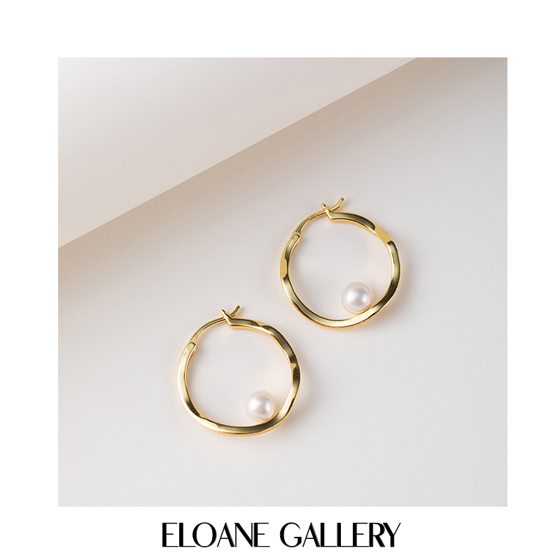 ELOANE GALLERY天然淡水珍珠耳环双面金925纯银耳圈高级设计感女