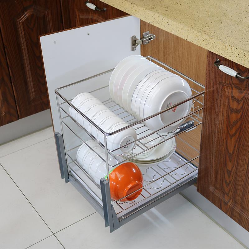 拉篮不锈钢双层锅盘工具厨房橱柜小窄碗碟架收纳抽屉式阻尼轨底装