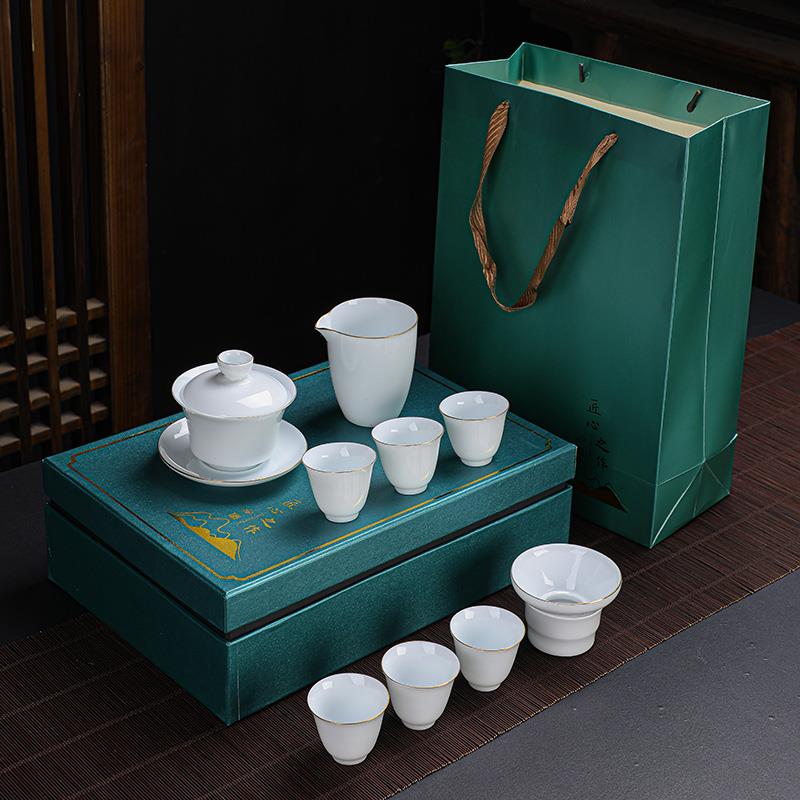 描金白瓷茶具套装功夫茶杯家用客厅办公室会客德化泡茶陶瓷大盖碗