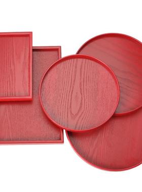 喜庆红色实木托盘圆形方形敬茶盘喜盘敬酒盘婚庆用品糖果盘水果盘