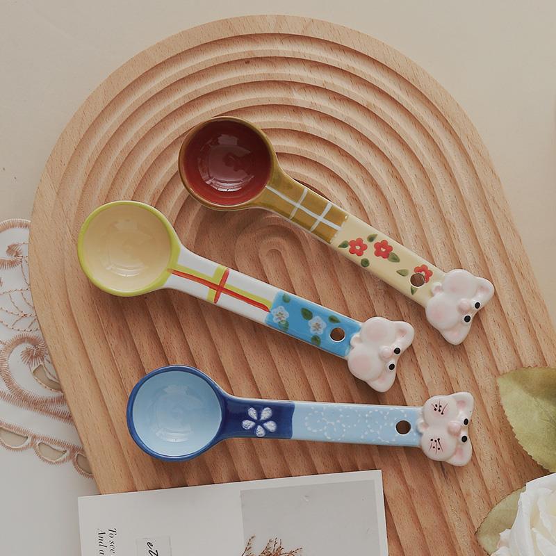 家用吃饭勺子高颜值田园风可爱喝汤专用釉下彩甜品勺卡通喝汤汤匙