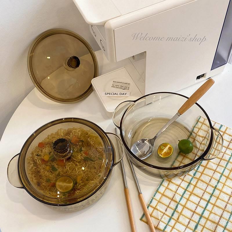 茶色玻璃碗带盖泡面碗双耳汤碗家用大号沙拉碗套装水晶煲礼品图片