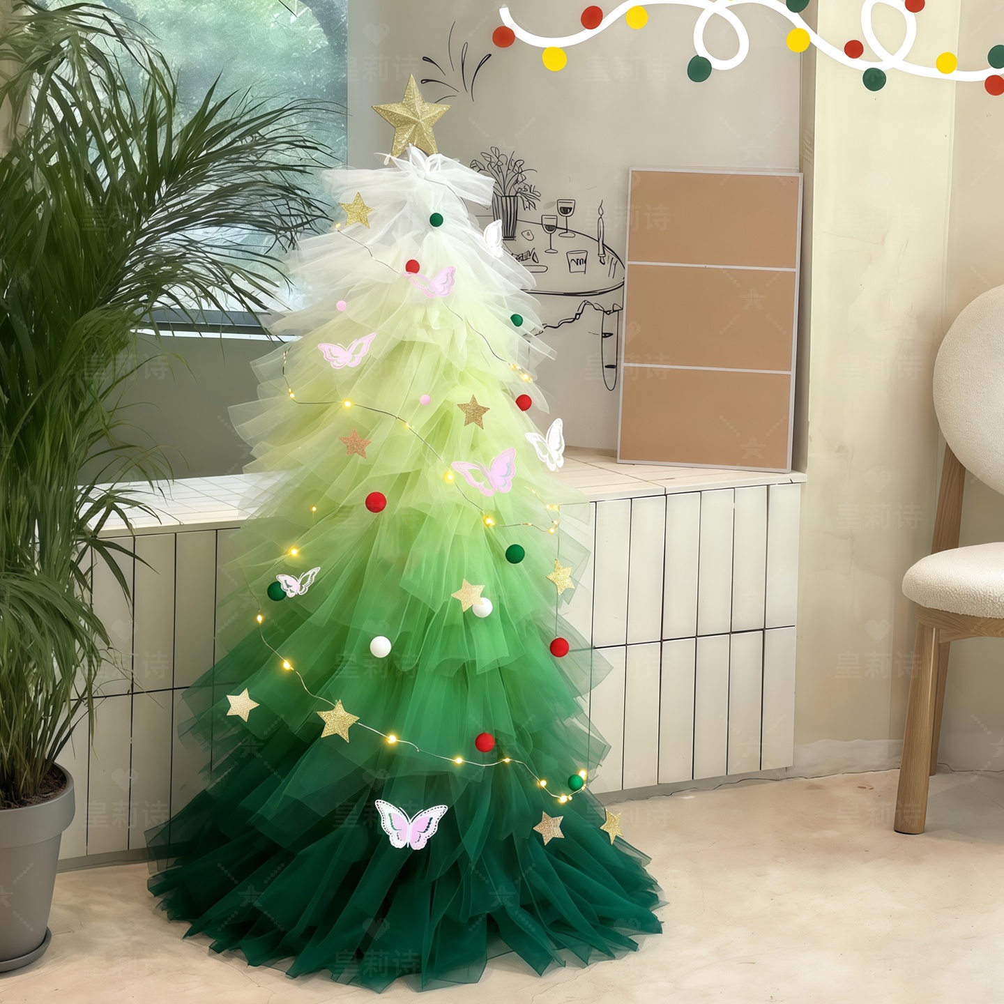 圣诞节网纱圣诞树手工diy家里商场橱窗氛围布置装饰ins渐变绿色粉