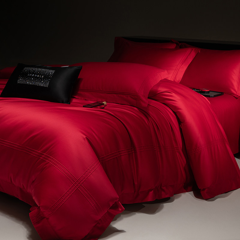 高级感大红色婚庆四件套100S长绒棉纯棉被套纯色结婚床单床上用品
