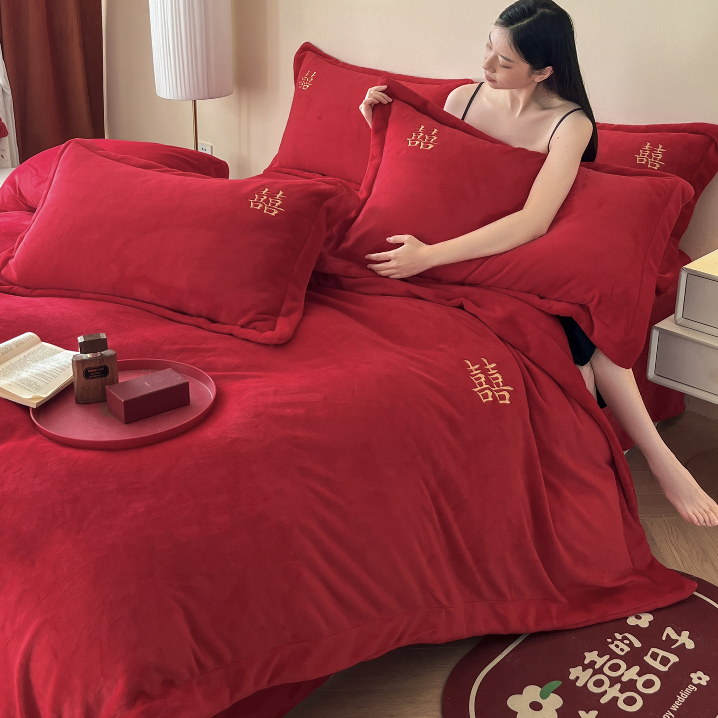 新中式牛奶绒婚庆四件套红色喜字被套冬季加厚保暖珊瑚绒结婚床品