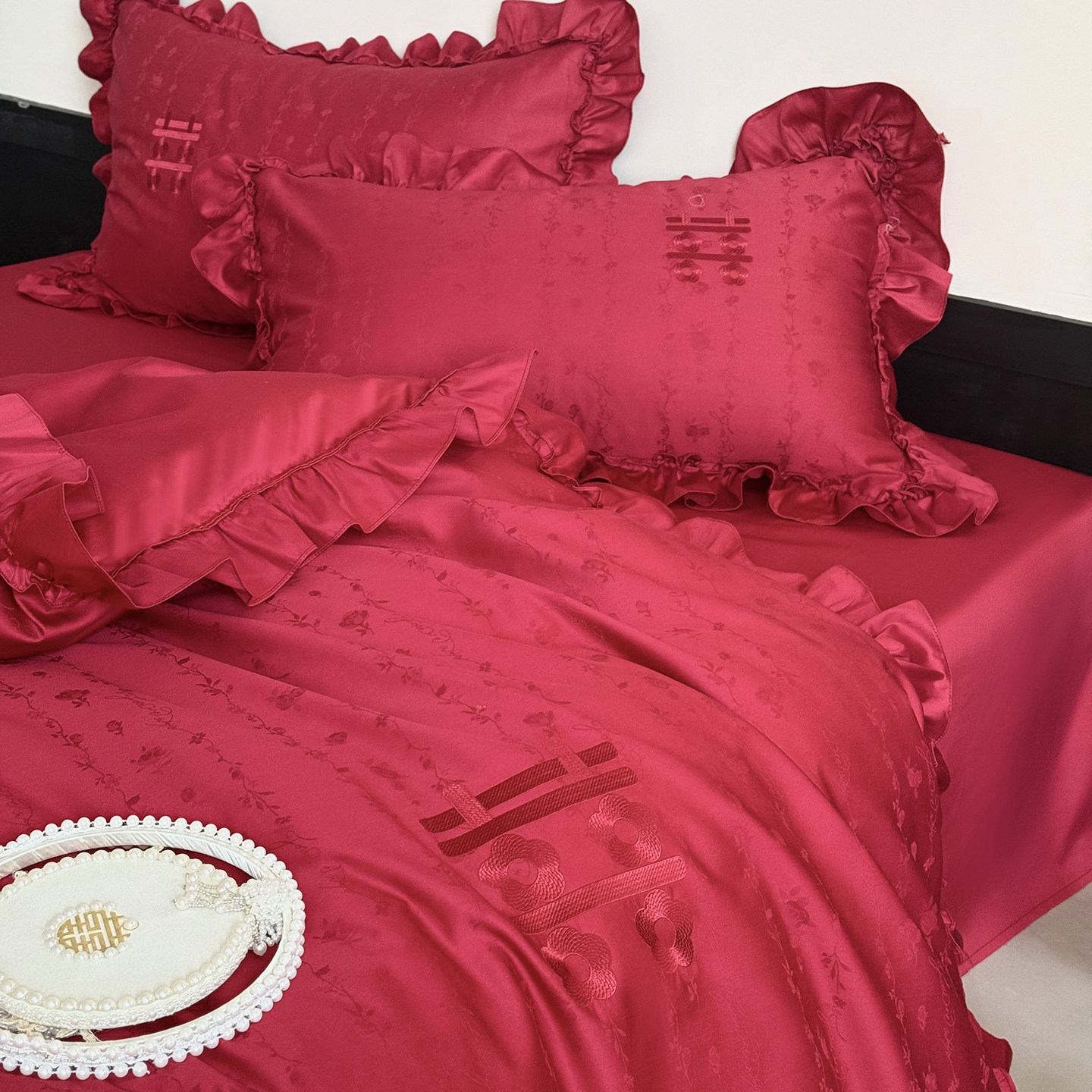 馨荷婚嫁法式喜字婚庆四件套荷叶花边被套纯棉结婚用陪嫁送礼床品