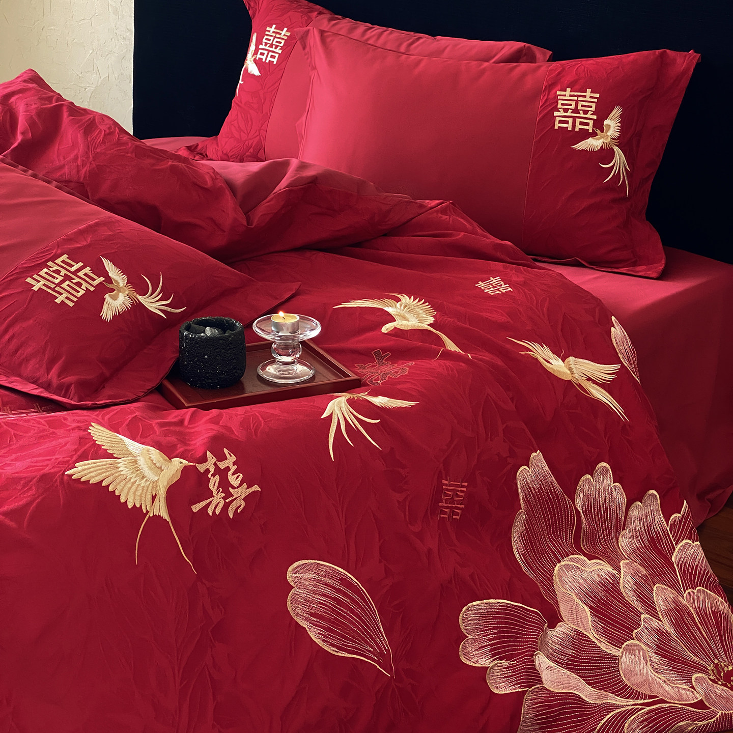 馨荷家纺中式长绒棉婚庆四件套红色喜字被套纯棉结婚陪嫁床单床品,床上用品,婚庆床品套件,淘宝优惠券,粉丝福利购,淘宝优惠卷