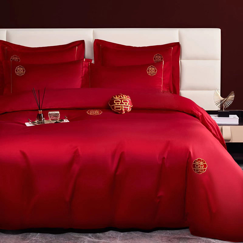 XINHE WEDDING WEDDING FOUR-PIECE SET COTTON 100S BIG RED QUILT SET WEDDING QUILT COTTON BED SHEET BEDDING