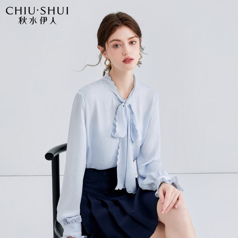 垂顺丝滑缎面 浪漫飘带领口 合身直筒版型