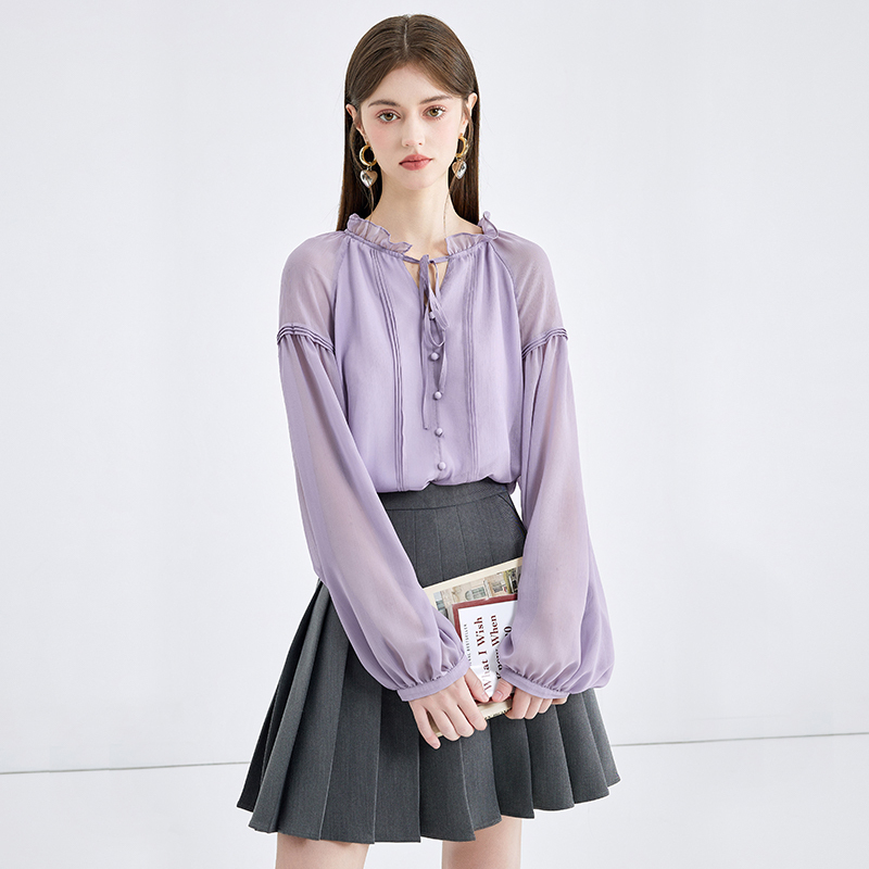 秋水伊人奥莱气质女士上衣蓝色雪纺衬衫秋季衬衣女款2025新款爆款