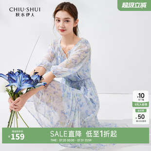女甜美度假宽松显瘦中长裙 秋水伊人碎花雪纺V领连衣裙2024夏新款